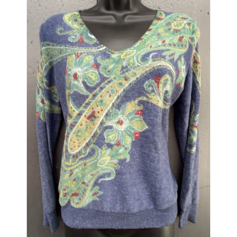 Talbots Sweater M Blue Floral Paisley Merino Wool Pullover Preppy Boho Artsy